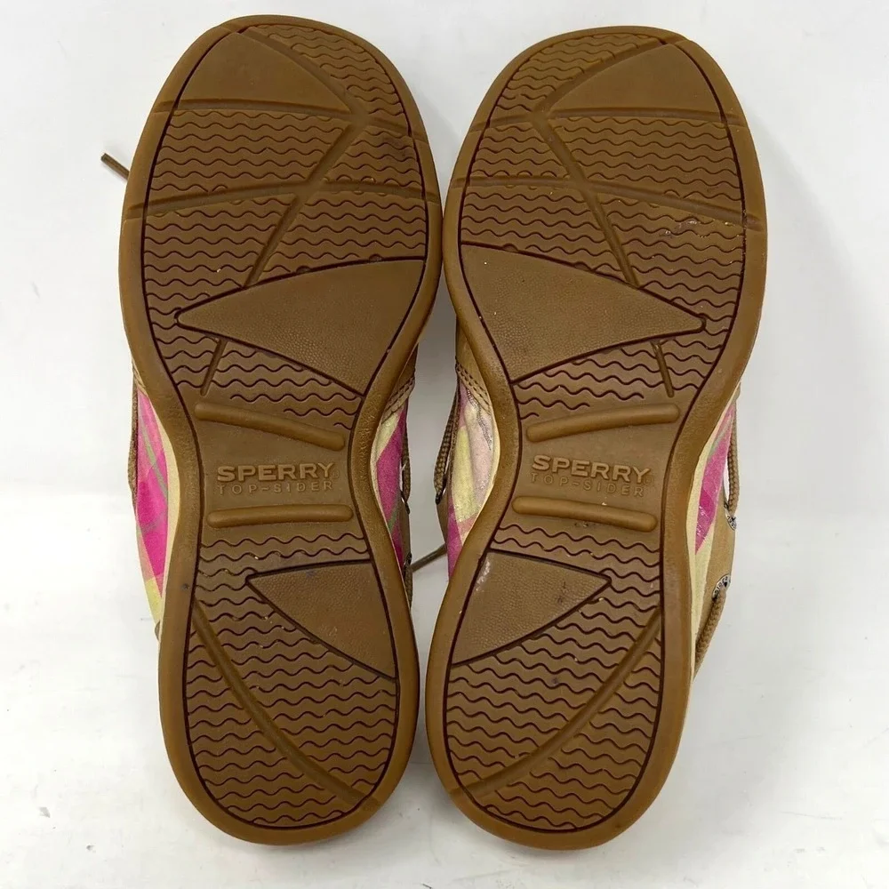 Sperry Womens‎ Plaid Tan Pink Green Leather Boat Deck Shoes Size 6M Preppy Girl